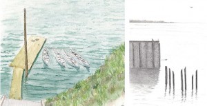 Watercolor and graphite sketches of water
