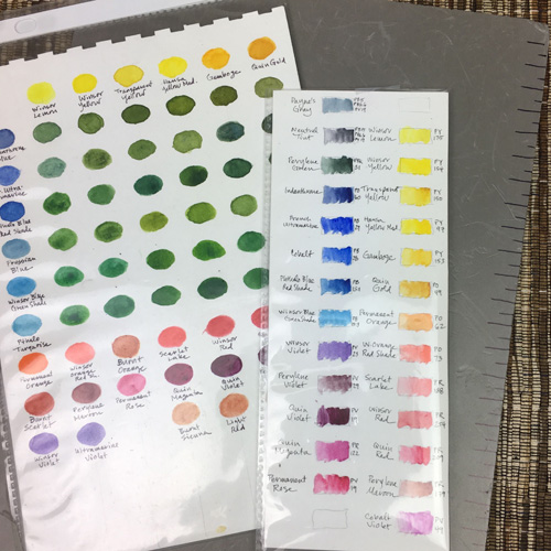 I never rely solely on photographs to record colors of plants accurately. I take charts like these with samples of pigment colors and green mixes and note the closest hues in my sketchbook. Ideally I have time to paint some parts of plants with the live specimen in front of me to make sure my pigment choices and mixes are accurate.